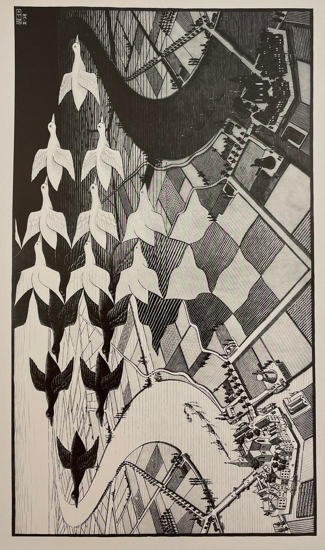 M.C. Escher - Day and Night, 1938: M.C. ESCHER (1898-1972) Day and Night, 1938 Print in Colors 8 1/4" x 14 1/2" M.C. Escher, in full Maurits Cornelis Escher, (born June 17, 1898, Leeuwarden, NetherlandsÃ¢€”died March 27, 1