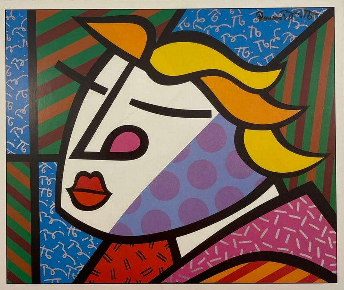 Romero Britto - Monica: ROMERO BRITTO (B. 1963) Monica Print in Colors 8 1/4" x 10" Romero Britto is a Brazilian artist whose distinct graphic style blends Pop Art with Cubist-like abstraction. His colorful illustrations and