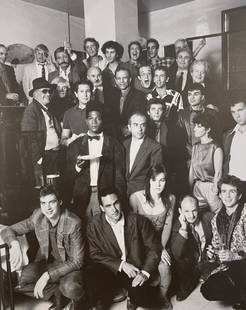 Andy Warhol, Jean Michel Basquiat, and More: Group of friends at Mr. Chow's restraunt in New York, 1986. People in this image include - Michael Heizer, David Hockney, Leroy Neiman, Dennis Oppenheim, Stefano, William Wegman, John Lurie, Tony Shaf