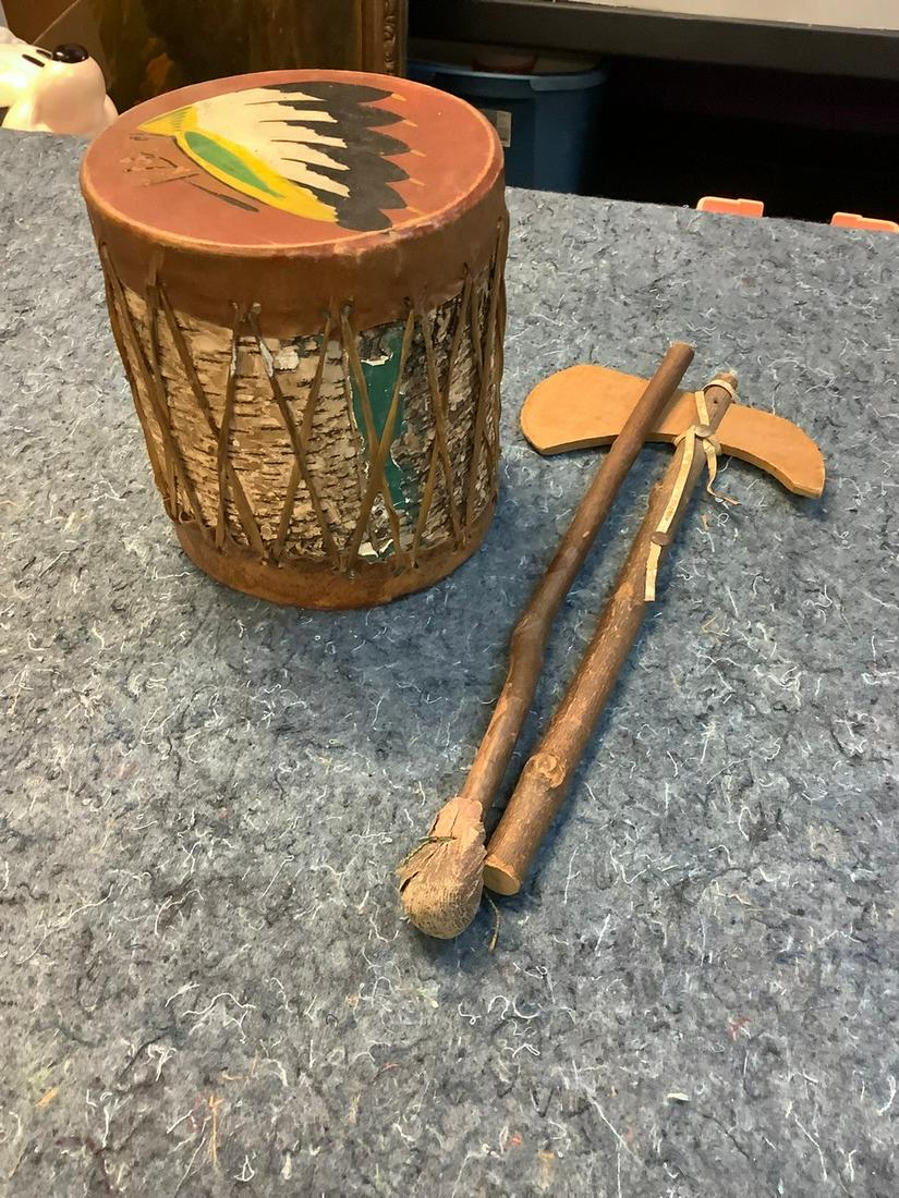 1950's Animal Skin Wood Indian Toy Drum 7 in. and Hatchet: 1950's Animal Skin Wood Indian Toy Drum 7 in. and Hatchet