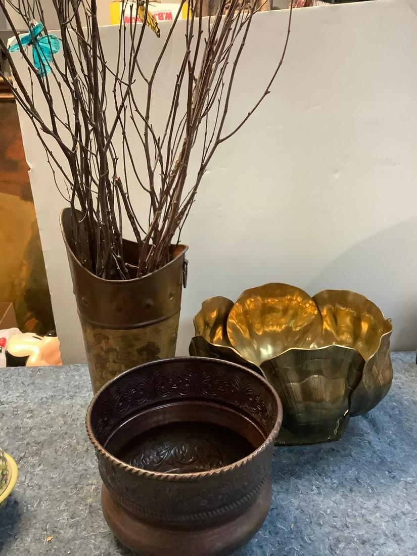 Lot of Brass and Metal Planters and Fake Tree Limbs Tallest 15 in. (1 of 1)