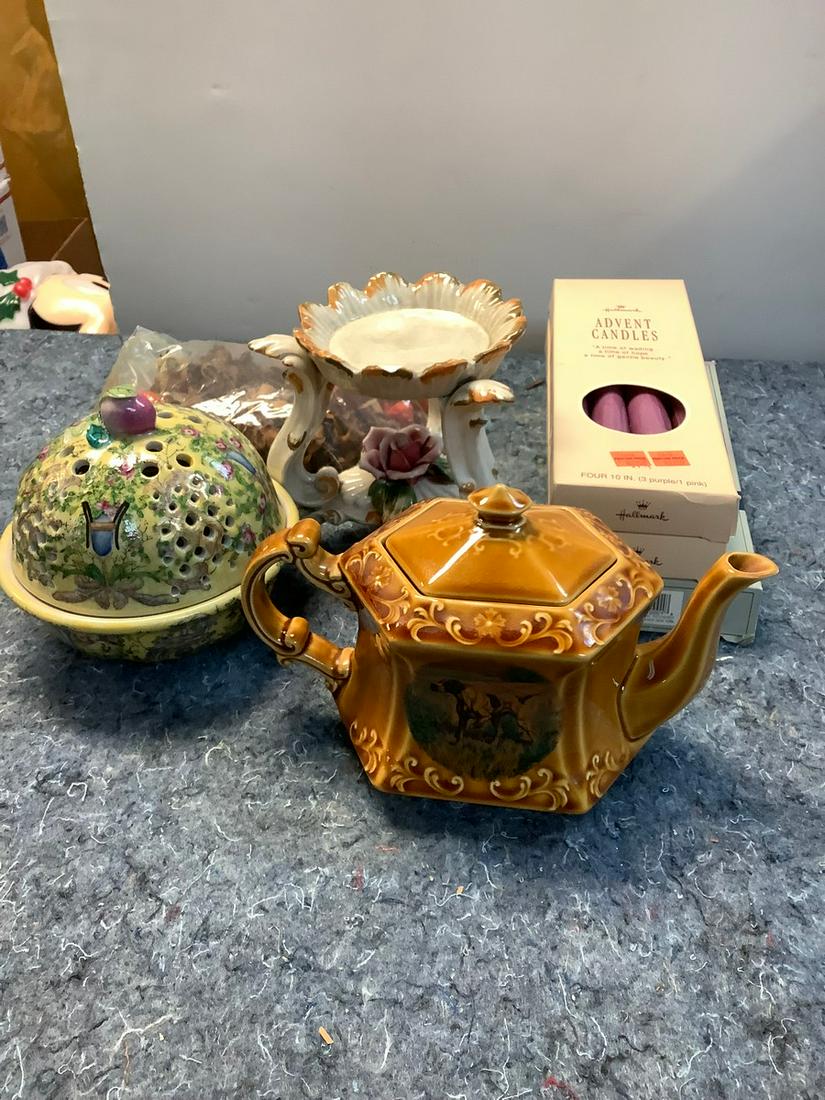 Wood & Sons Made in England Decorative Tea Pot, Signed Candle Holder (Chip) and Bowl w/Lid and More (1 of 1)