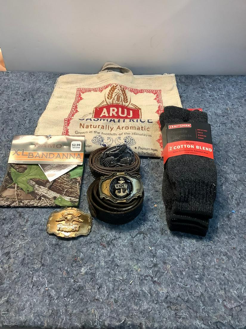 Lot of Belts, Buckles, Craftsman Socks, Camo Bandanna and More: Lot of Belts, Buckles, Craftsman Socks, Camo Bandanna and More