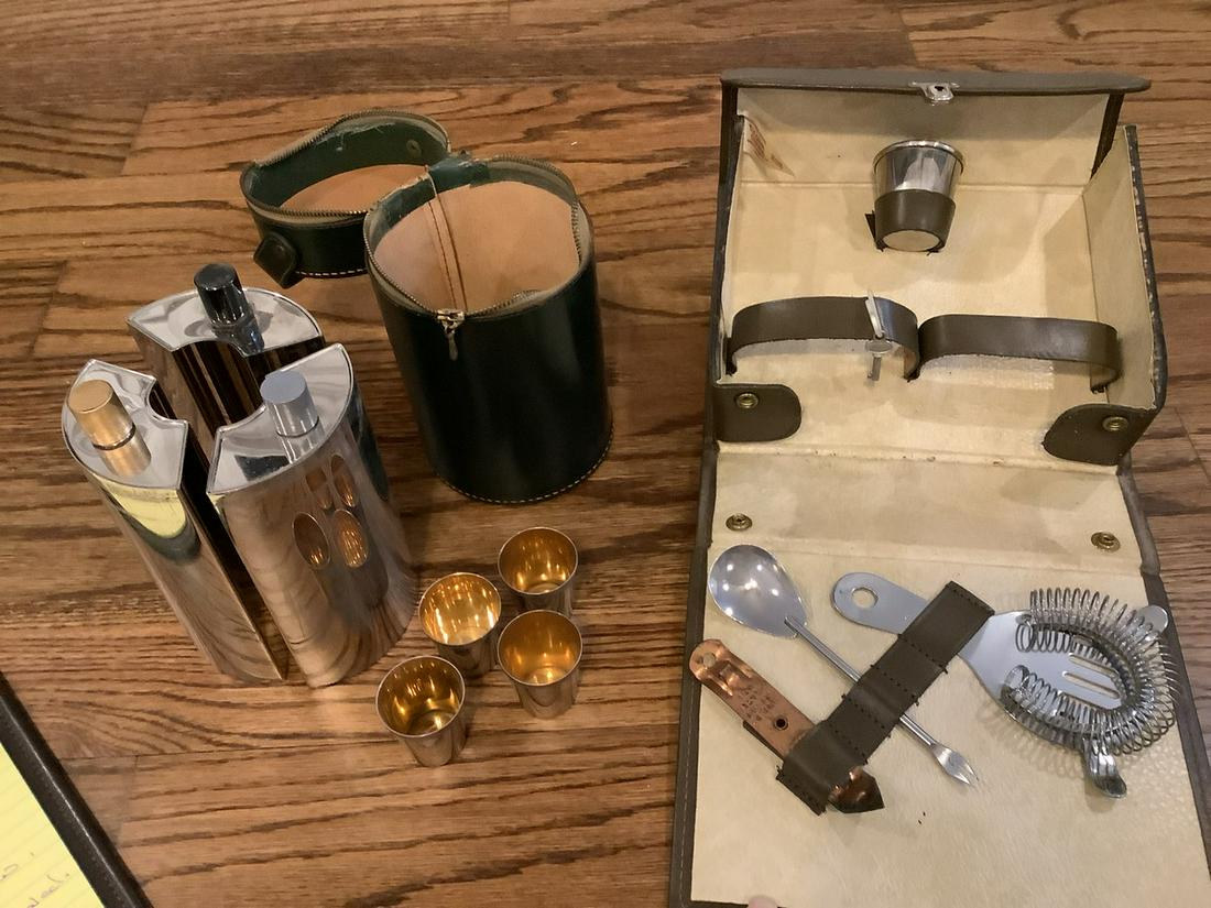 Travel Flasks w/ 4 shot glasses, zipper is broken, dark green, tin lined, made in Germany, 13oz. And (1 of 3)