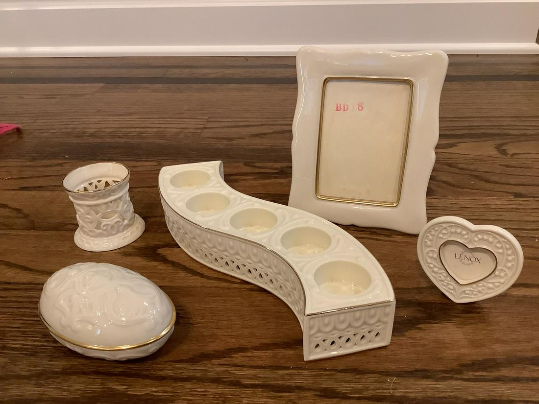 Lot of Lenox: Trinket holder, candle holders