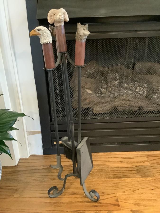 Fire Place accessories, Wild Life Animals heads on each item,: wolf has chip on ear, 27' tall
