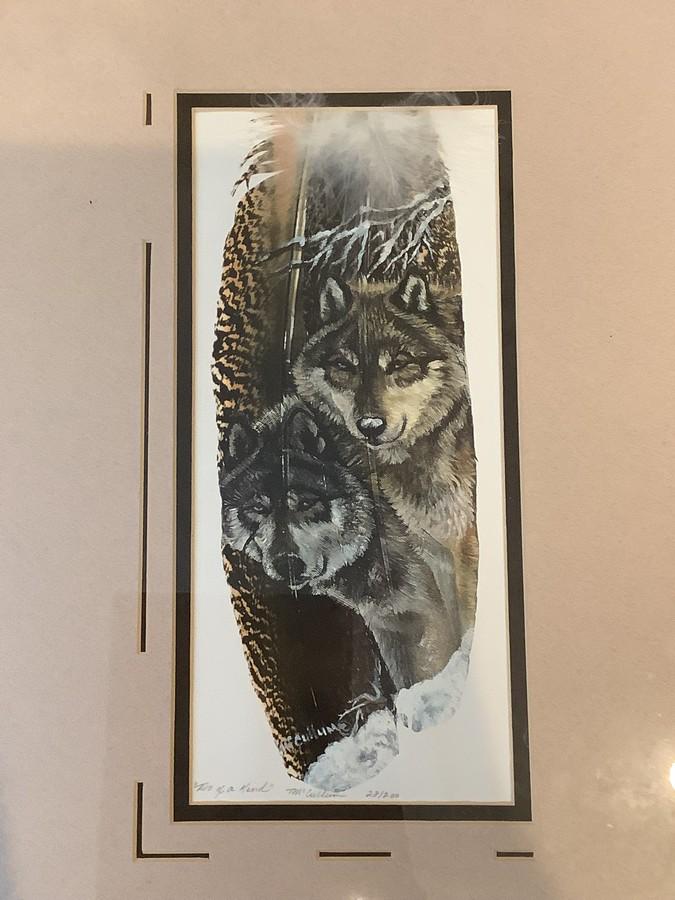 AWESOME 28/200 Two of a kind Framed and matted wolf art on a Feather 14x11 TM McCullum (1 of 2)