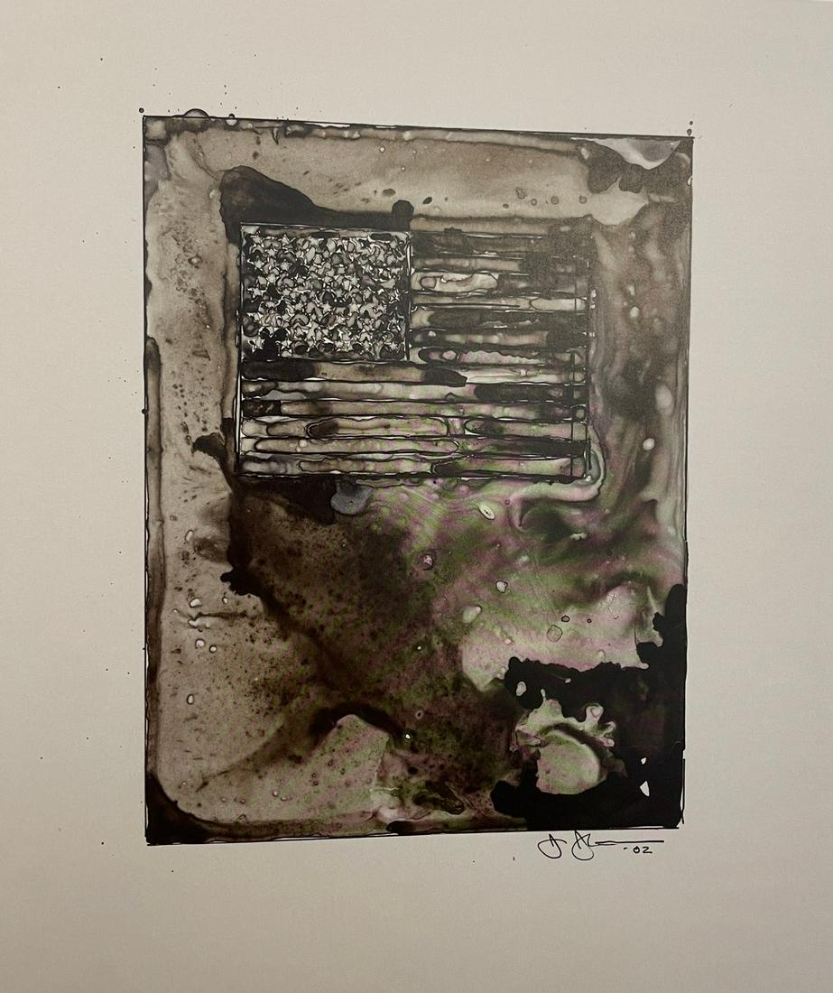 Jasper Johns - Flag, 2002: JASPER JOHNS (B. 1930) Flag, 2002 Print in Colors 7 3/4" x 9 1/4" Jasper Johns is an iconic American artist who came to define the period between Abstract Expressionism and Pop Art. In Flag (1954Ã¢&