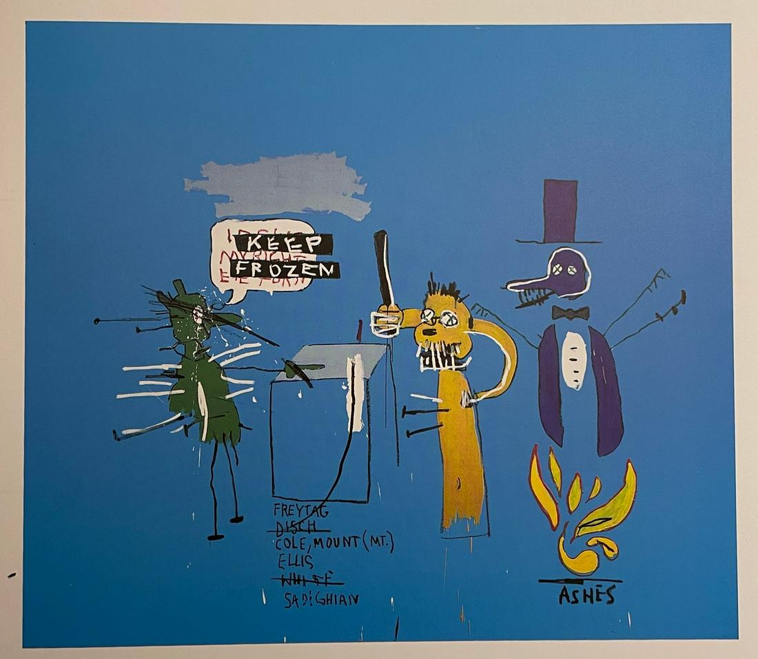 Jean Michel Basquiat - The Dingoes That Park Their Brains, 1988: JEAN MICHEL BASQUIAT (1960-1988) The Dingoes That Park Their Brains with Their Gum, 1988 Print in Colors 7 1/4" x 8 1/4" Jean-Michel Basquiat was an influential African-American artist who rose to suc