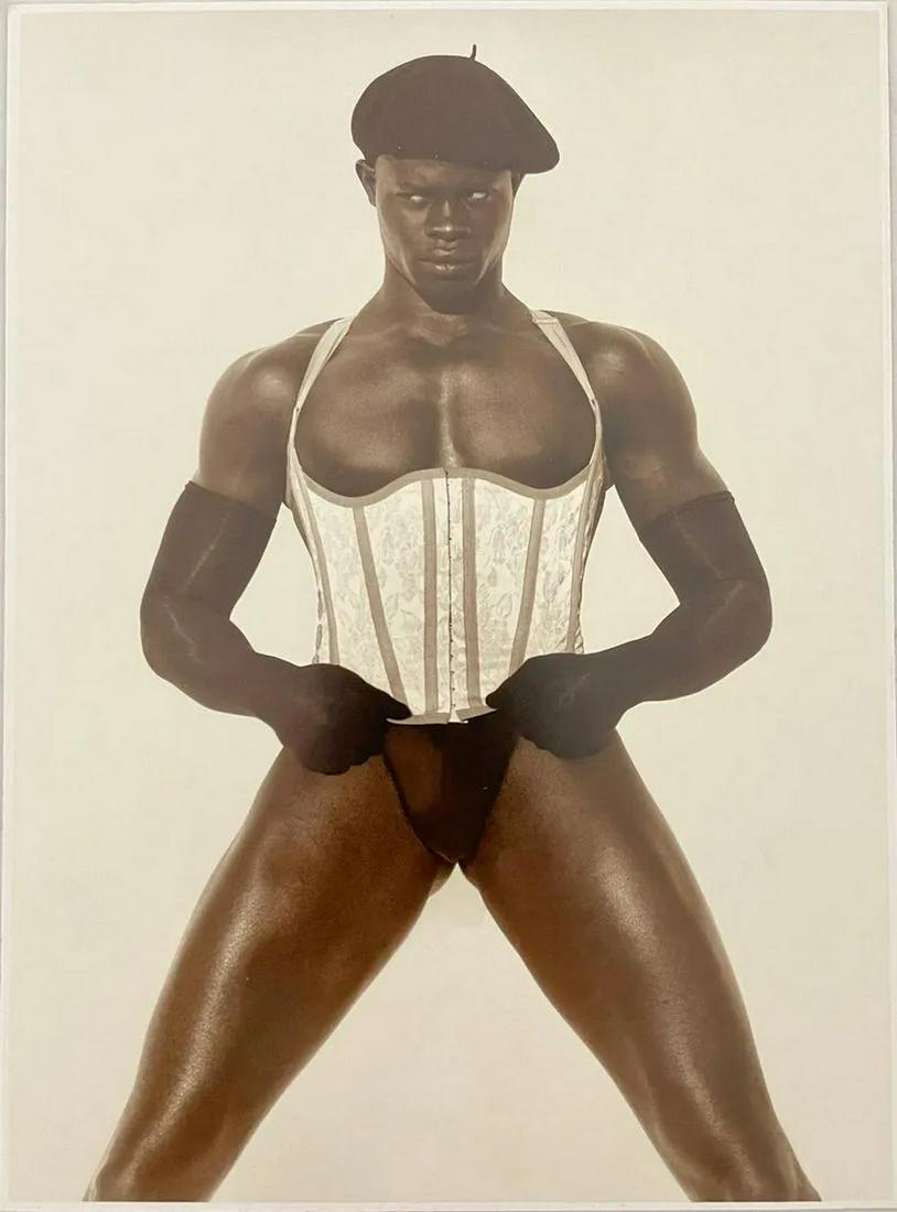 Herb Ritts - Djimon, 1991: HERB RITTS (1952-2002) Djimon in Corset 1, Los Angeles, 1991 Print in Colors 7 3/4" x 10 1/2"