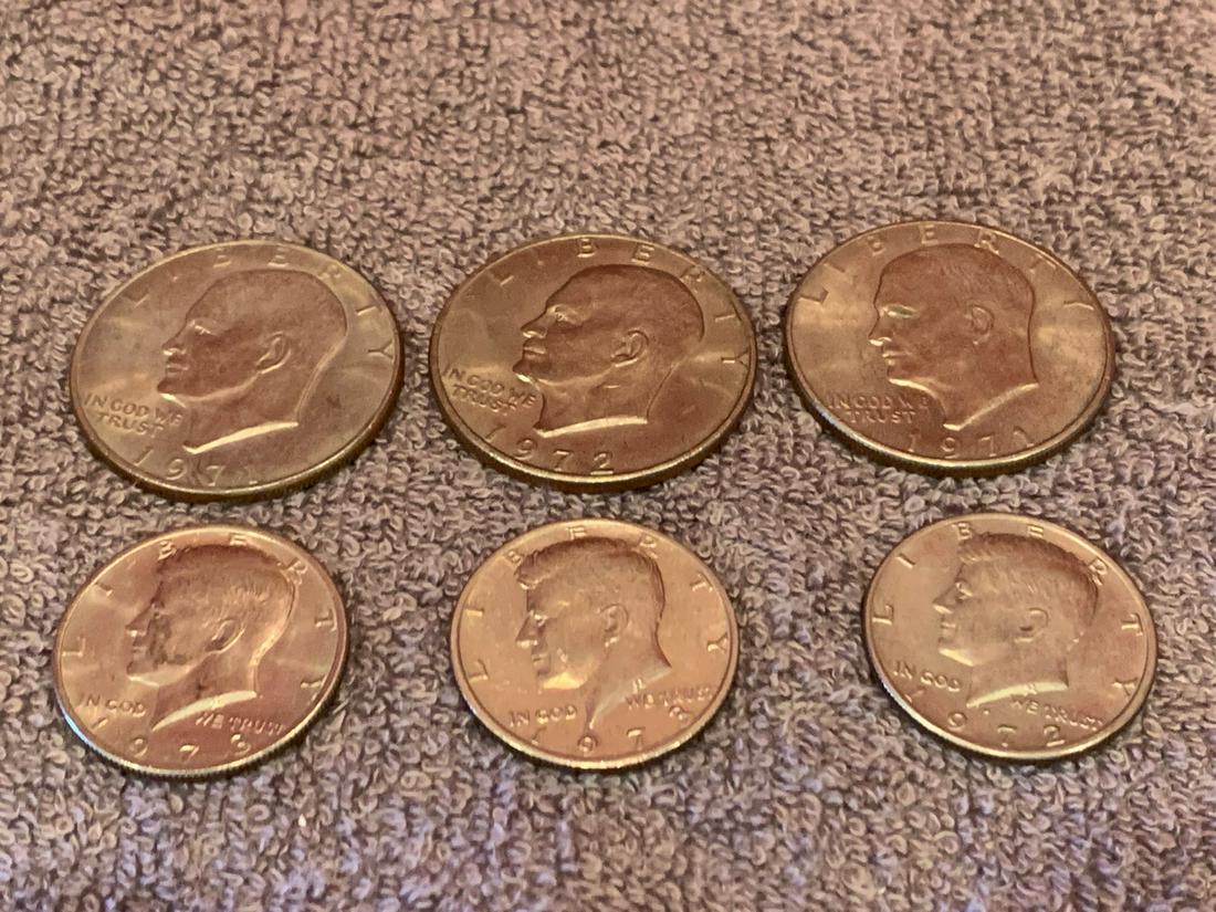 3 Eisenhower Silver Dollar, 40% Silver, Years 1971, 71, 72.  3 Kennedy Half Dollar, years 1972,73, (1 of 1)