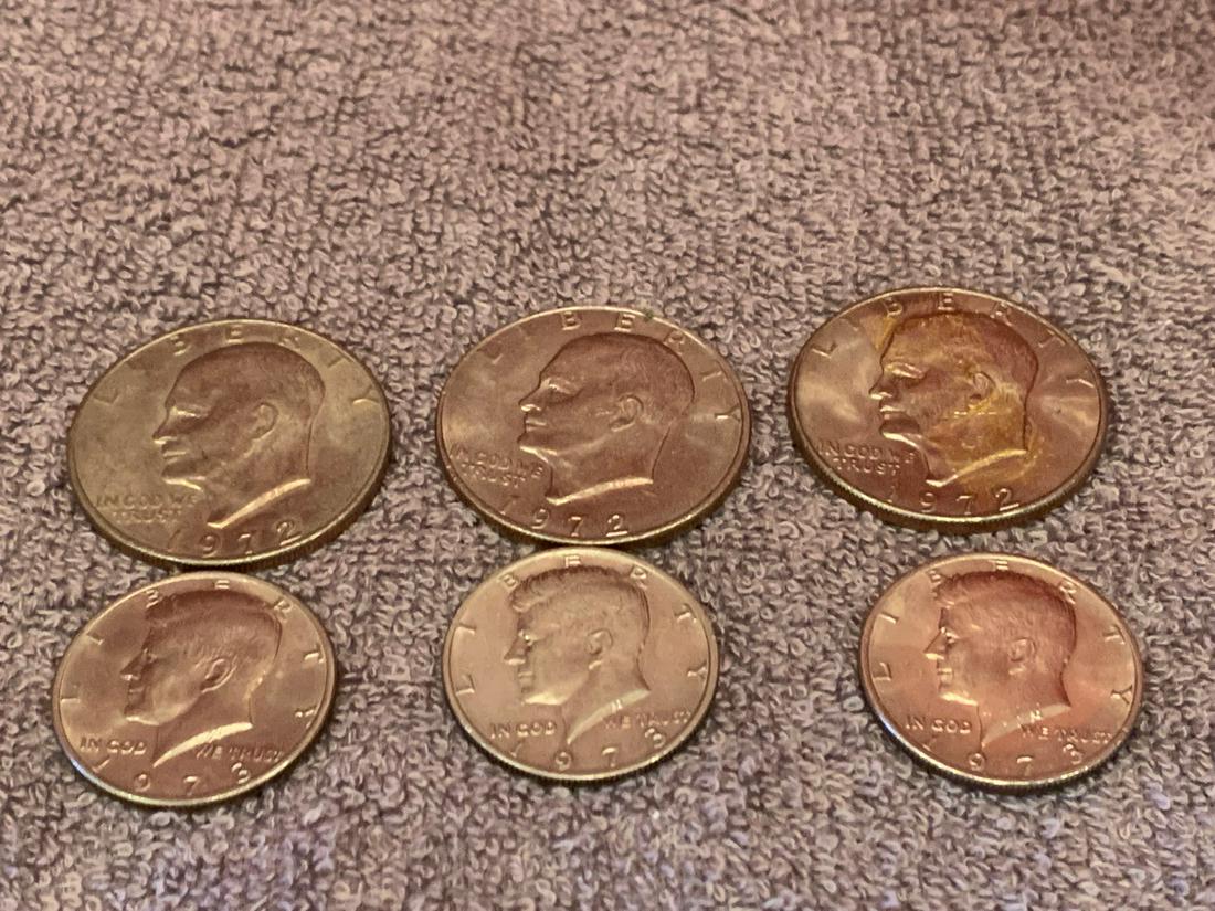 3 Eisenhower Silver Dollar, 40% Silver, Years 1972, 72, 72.  3 Kennedy Half Dollar, years 1973,73, (1 of 1)
