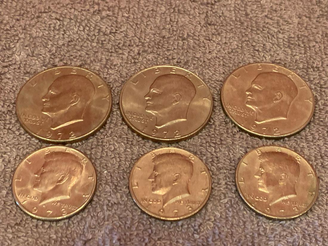 3 Eisenhower Silver Dollar, 40% Silver, Years 1972, 72, 72.  3 Kennedy Half Dollar, years 1973,73, (1 of 1)