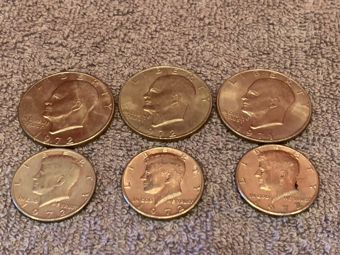 3 Eisenhower Silver Dollar, 40% Silver, Years 1972, 72, 71.  3 Kennedy Half Dollar, years 1972,72, (1 of 1)