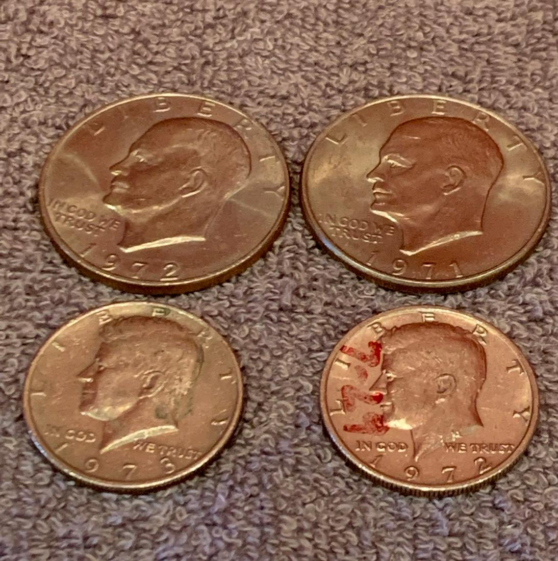 2 Eisenhower Silver Dollar, 40% Silver, Years 1971, 72.  2 Kennedy Half Dollar, years 1972,73 (1 of 1)