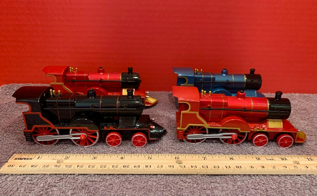 Lot of 4 trains, red, black & blue, Die Cast Metal, Pull Back Action, no sounds (1 of 1)
