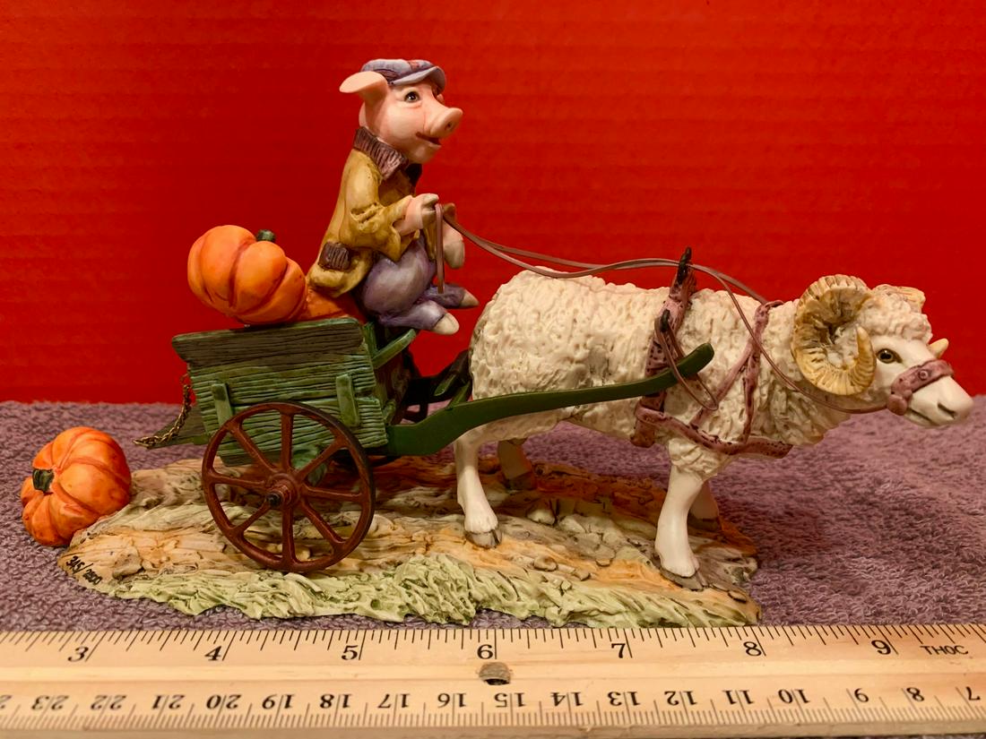 Schmid Border Fine Art, Handmade in Scotland, Pig Driving Cart full of Pumpkins, approx 8" long x 5": Schmid Border Fine Art, Handmade in Scotland, Pig Driving Cart full of Pumpkins, approx 8" long x 5" tall