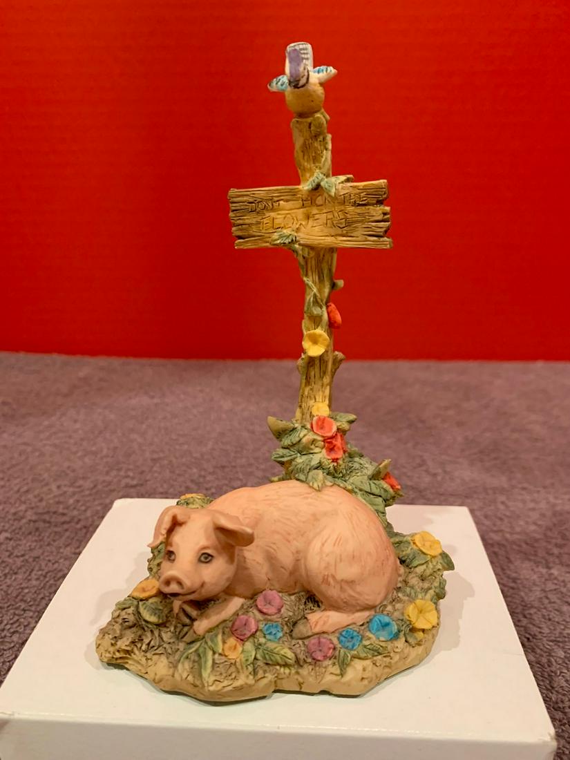Schmid Border Fine Art, Handmade in Scotland, Pig Resting in front of sign saying.."Don't Pick the: Schmid Border Fine Art, Handmade in Scotland, Pig Resting in front of sign saying.."Don't Pick the Flowers", approx 6" tall under 4" across