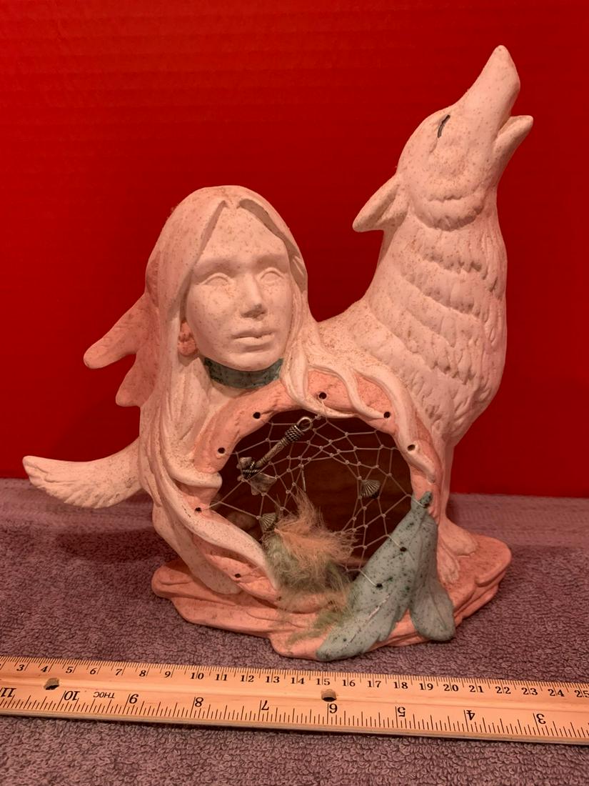 Indian & Wolf Dream Catcher Statue, 9 1/2" tall (1 of 1)