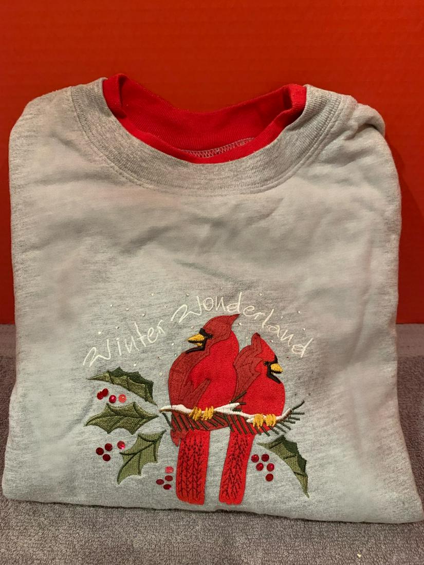 Red Bird on Grey Sweatshirt, Winter Wonderland, Large (1 of 1)