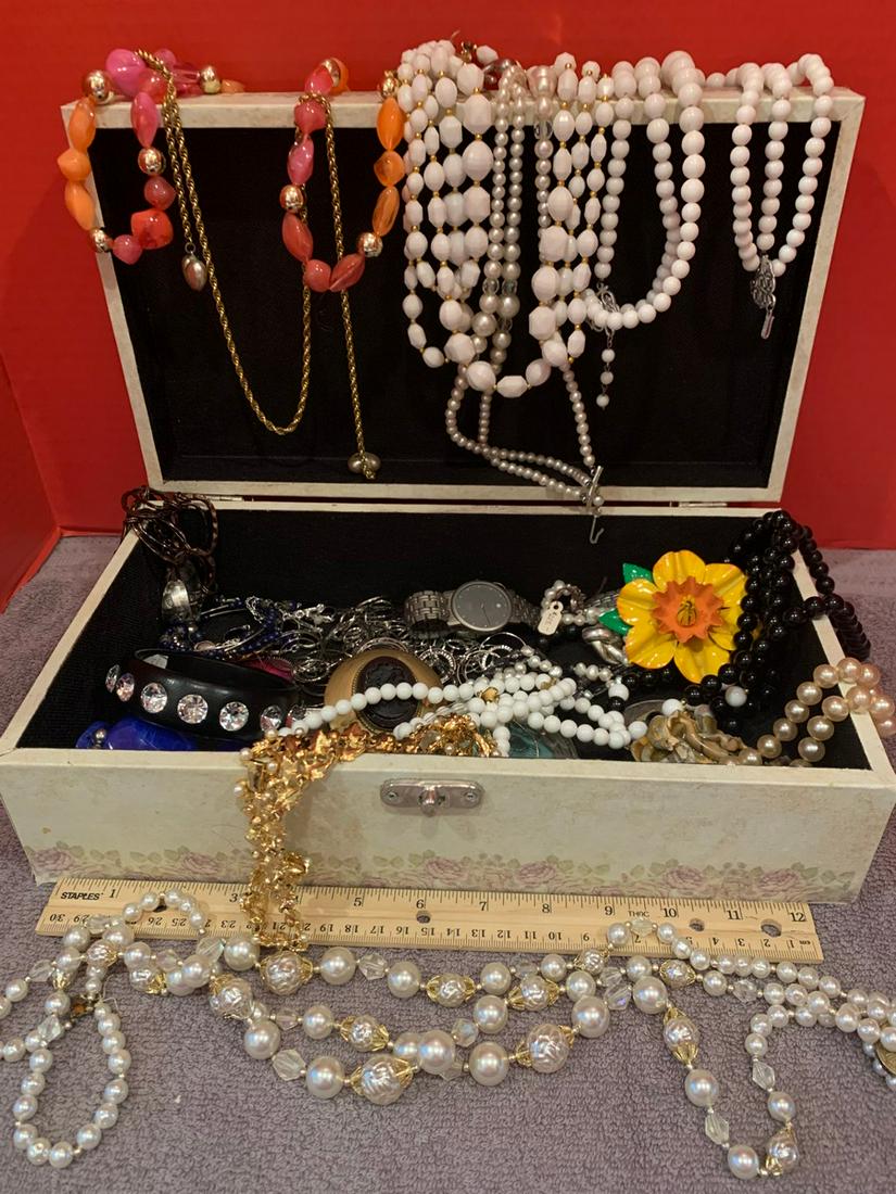 Jewelry Box Full of Costume Jewelry, 13" x 7 1/2": Jewelry Box Full of Costume Jewelry, 13" x 7 1/2"