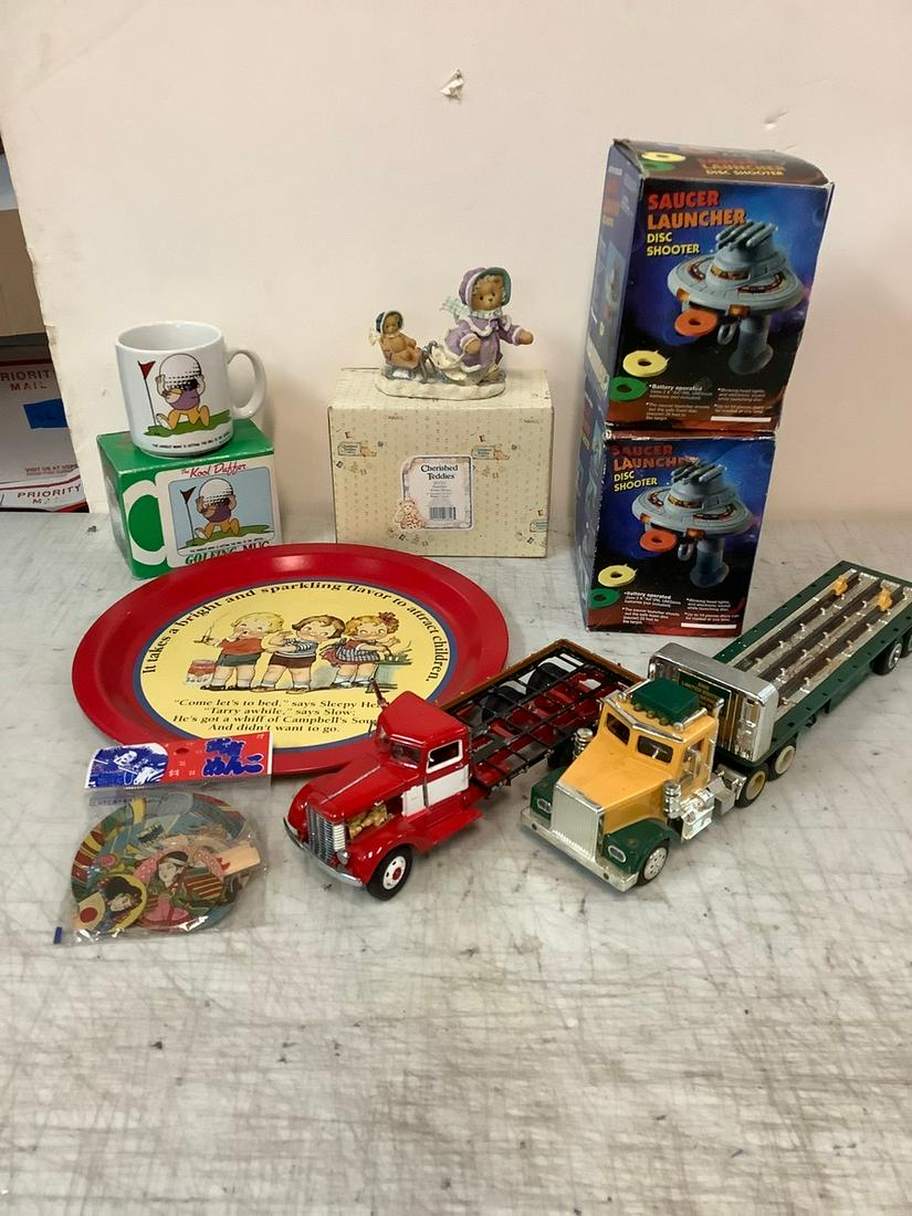 Lot of Vintage 1994 Champbell Soup Tray, Battery Operated Saucer Launcers, Franklin Mint Truck, 1997: Lot of Vintage 1994 Champbell Soup Tray, Battery Operated Saucer Launcers, Franklin Mint Truck, 1997 Taylor Truck and More