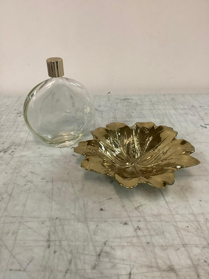 Vintage Lalique Empty Perfume Bottle and Gold Plated Dish 7.7 in. (1 of 1)