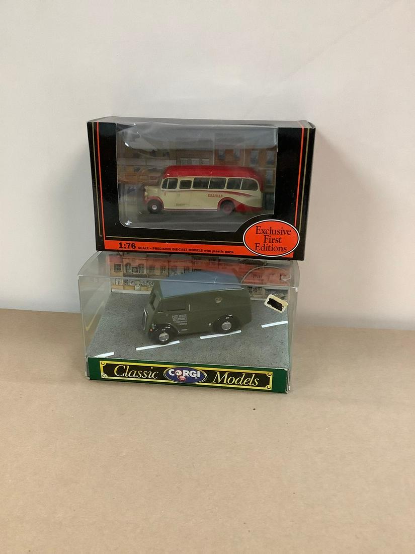 Lot of 2 Corgi Classic Models D983 Morris J Van and Exclusive Fist Editions Bedford OB Coach Premier (1 of 1)