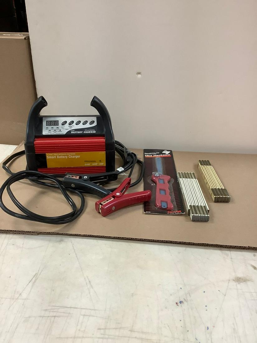Smart 12 Volt Battery Charger (Handle Broken), Power Master Mini Hacksaw and 2 "Rigid" Measuring (1 of 1)