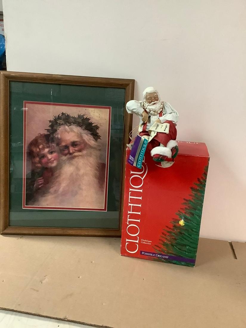 2001 Clothtique "Into the Wee Hours" Paper Mache Santa Figuine & Framed Santa Picture 19.5x15.5: 2001 Clothtique "Into the Wee Hours" Paper Mache Santa Figuine & Framed Santa Picture 19.5x15.5