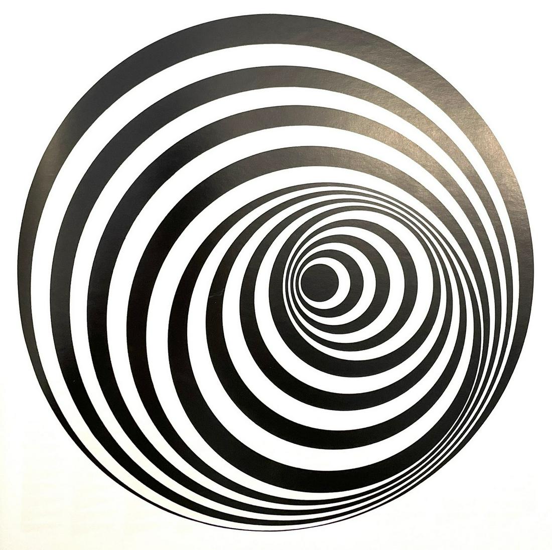 Bridget Riley - Uneasy Centre, 1963: BRIDGET RILEY (B. 1931) Uneasy Centre, 1963 Print in Colors, Printed in the 90s 8 3/4" x 9" Bridget Riley is a British artist known for her singular Op Art paintings. Melding clean lines, color arrang