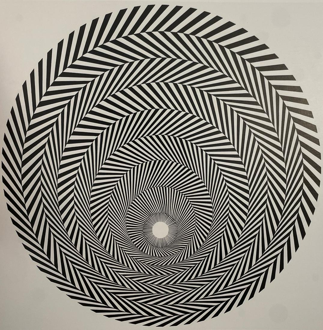 Bridget Riley - Blaze 4, 1964: BRIDGET RILEY (B. 1931) Blaze 4, 1964 Print in Colors, Printed in the 90s 8 3/4" x 9" Bridget Riley is a British artist known for her singular Op Art paintings. Melding clean lines, color arrangements