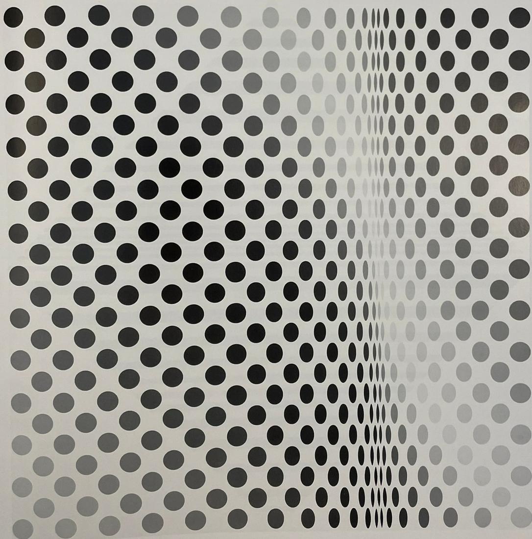 Bridget Riley - Pause, 1964: BRIDGET RILEY (B. 1931) Pause, 1964 Print in Colors, Printed in the 90s 8 3/4" x 9" Bridget Riley is a British artist known for her singular Op Art paintings. Melding clean lines, color arrangements,