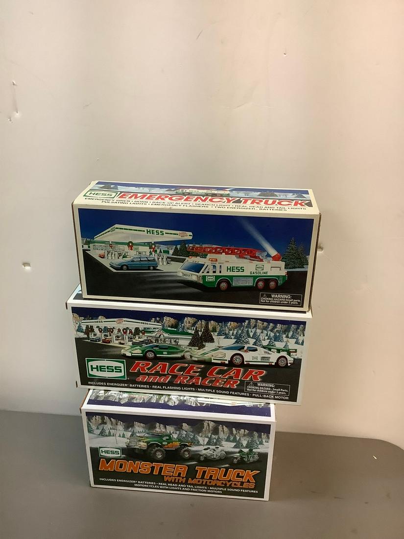 Lot of 1990's-2000's Hess Trucks, Race Car, Racers, Monster Truck, Motorcycle and Emergency Truck (1 of 1)