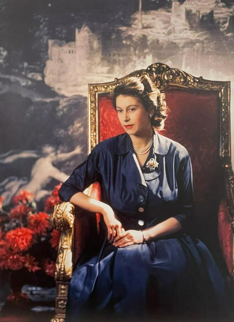 Queen Elizabeth II - Princess Sitting in a Chair: QUEEN ELIZABETH II (1926-2022) The Princess Sitting in a Chair photographed by Cecil Beaton Print in Colors 9 1/2" x 13 1/2" Elizabeth II, in full Elizabeth Alexandra Mary, officially Elizabeth II, by
