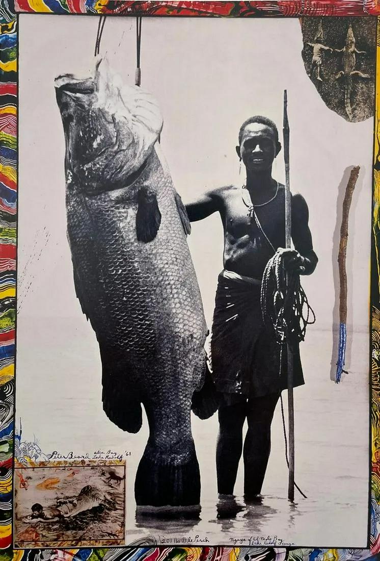 Peter Beard - Nguya and 201-lb. Nile Perch, Alia Bay: PETER BEARD (1938-2020) Nguya and 201-lb, Nile Perch, Alia Bay Print in Colors 8.5 x 12.5 inches