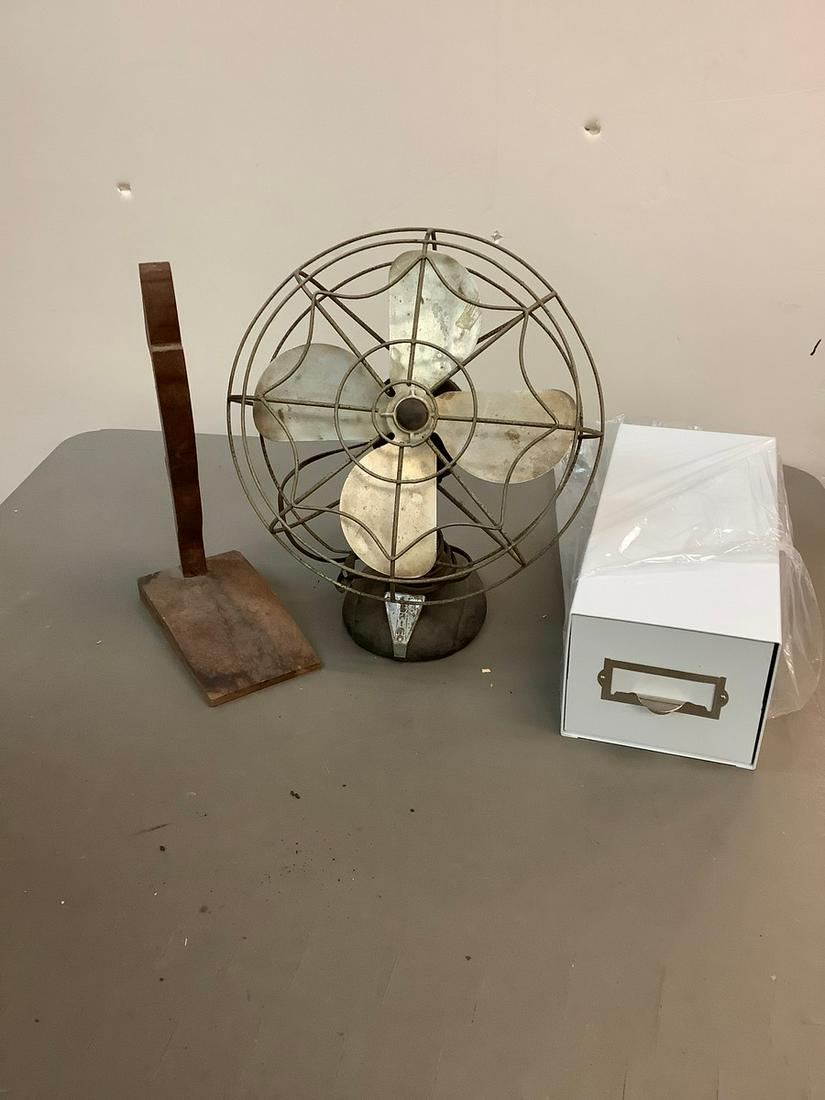 Vintage Eskimo Fan Model No. 1003R-60, Metal File Box and Wooden Dog Statue Tallest 13 in. (1 of 1)
