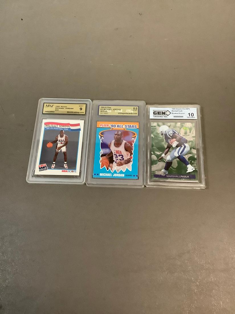 GEM Mint 10 1995 Classic Foil #IP3 Marshall Faulk & Mint 9 1991 Hoops #55 Michael Jordan Graded (1 of 1)