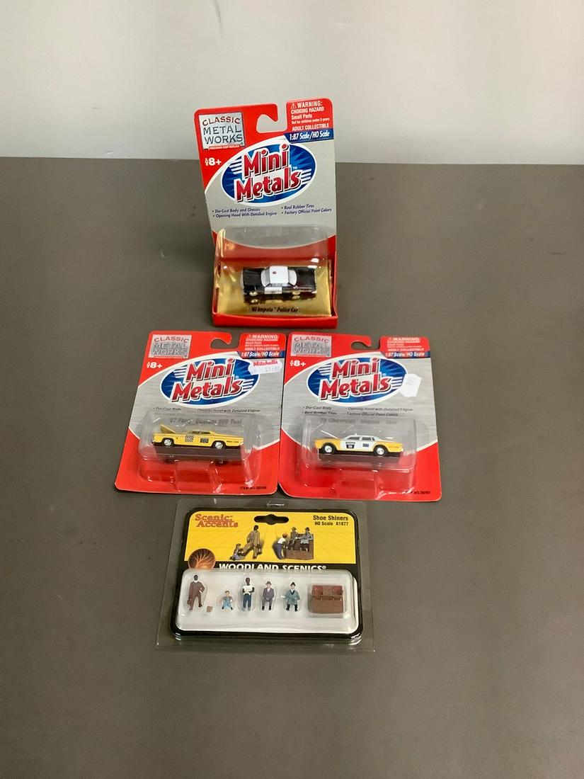 Lot of Classic Metal Works Mini Metals Police Car & Taxi's and Scenic Accents Shoe Shiners Ho Scale (1 of 1)