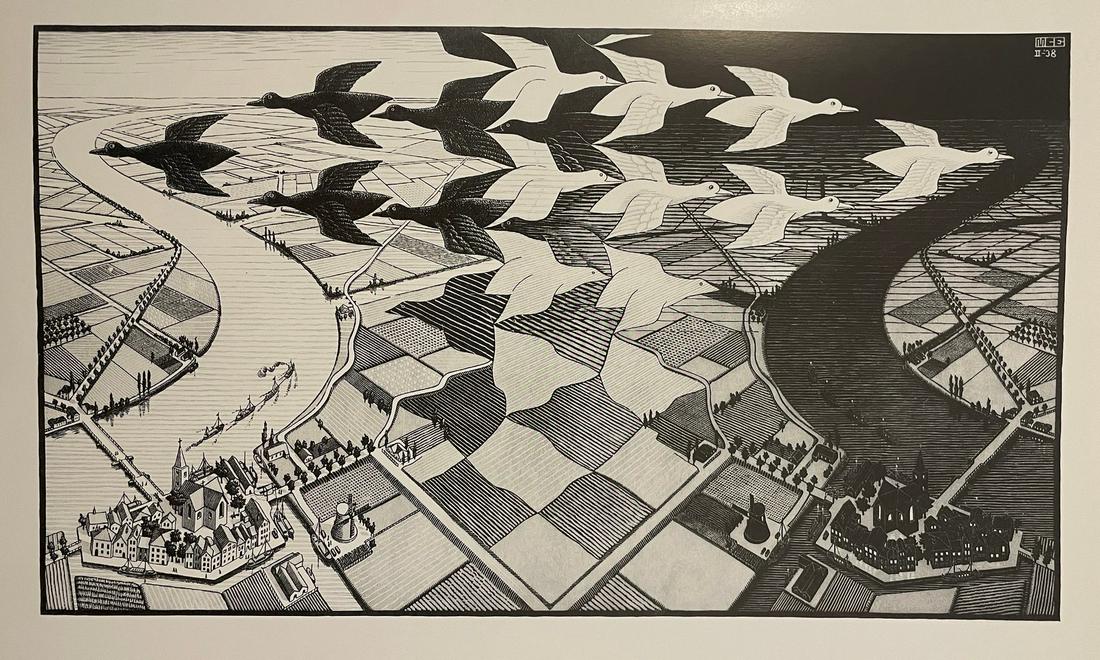 MC Escher - Day and Night, 1938: MC ESCHER (1898-1972) Day and Night, 1938 Print in Colors, Printed in the 1970s 8 1/4" x 14 1/4" M.C. Escher was a Dutch graphic artist known for his iconic optical illusions. His lithographs, woodcut