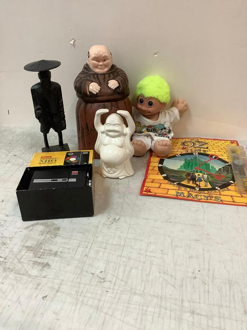 Ceramic Monk Coockie Jar, Wizard Of Oz Watch & Poster, Kodak Instamatic M16 Movie Camera, Troll Doll (1 of 1)