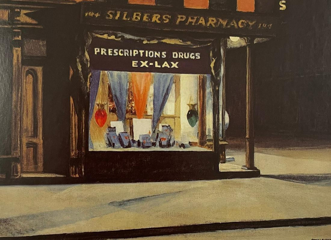 Edward Hopper - Drug Store, 1927: EDWARD HOPPER (1882-1967) Drug Store, 1927 Print in Colors 4 1/4" x 6" Edward Hopper was a seminal American artist famous for his oil paintings and watercolors of both rural and city scenes. He often