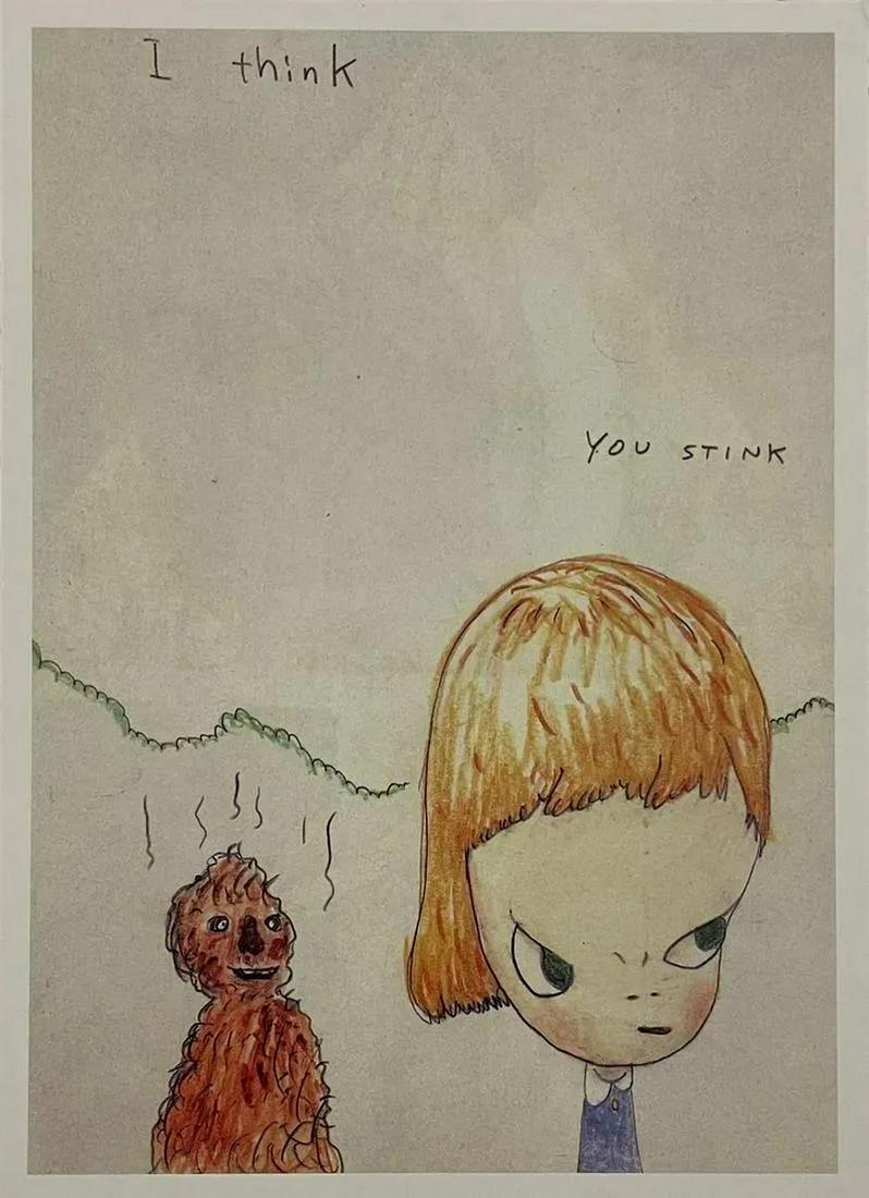 Yoshitomo Nara - I Think You Stink, 2000: YOSHITOMO NARA (B. 1959) Yoshitomo Nara and David Shrigley, Untitled, 'I Think You Stink, 2000' Print in Colors 6 3/4" x 9 1/2"