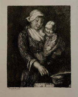 Bernardus Johannes Blommers - Girl and Child, Etching: BERNARDUS JOHANNES BLOMMERS (1845-1914) Girl and Child Etching 9" x 13"