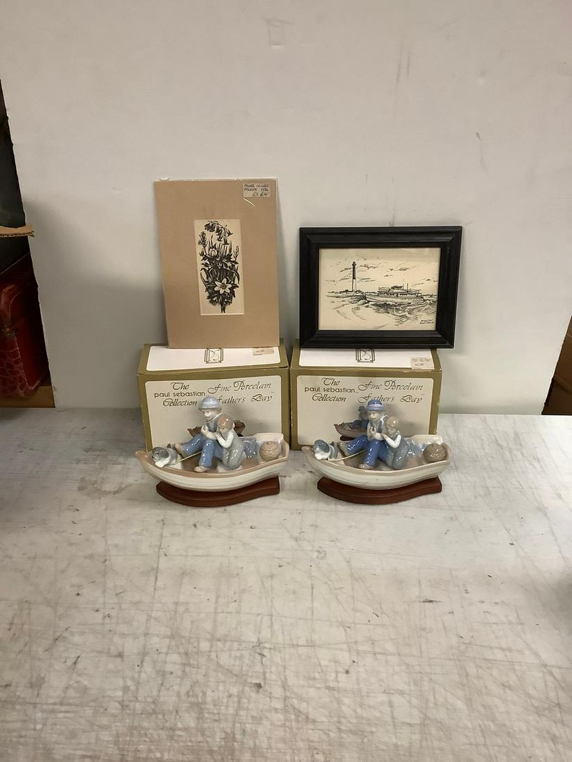 Lot of Paul Sebastian Collection Fine Porcelain "Fathers Day" Statues, 1936 Agnes Miller Parker: Lot of Paul Sebastian Collection Fine Porcelain "Fathers Day" Statues, 1936 Agnes Miller Parker Picture and Framed Barnegat Inlet Picture