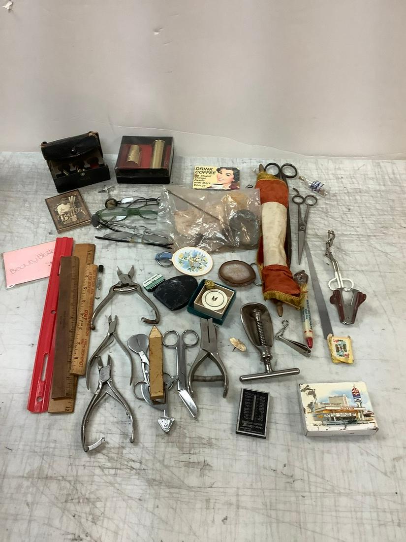 Lot of Vintage Eye Glasses, Vintage Poker Chips, Geode Belt Buckle, Vintage Shears and More: Lot of Vintage Eye Glasses, Vintage Poker Chips, Geode Belt Buckle, Vintage Shears and More