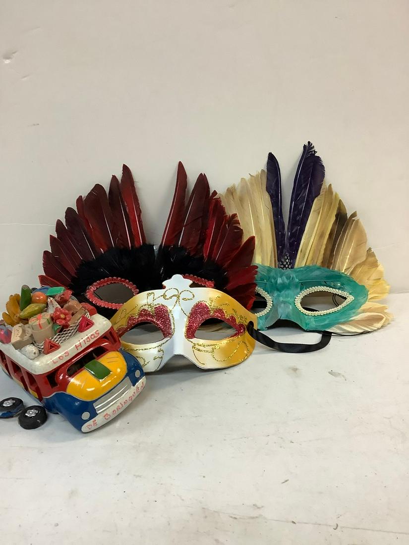 Lot of Masquerade Masks and Pottery Bus Made in Puerto Rico (Needs Repair) (1 of 1)