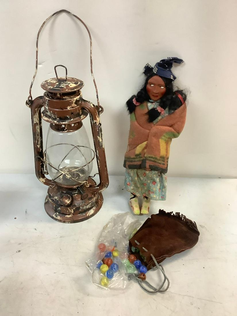 Lot of Vintage Marbles, lantern and wooden Indian Girl, tallest 11": Lot of Vintage Marbles, lantern and wooden Indian Girl, tallest 11"