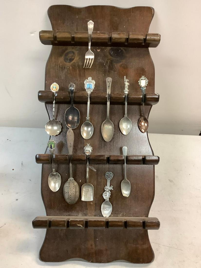 Vintage collector spoon holder with some spoons, 1 is sterling (0312