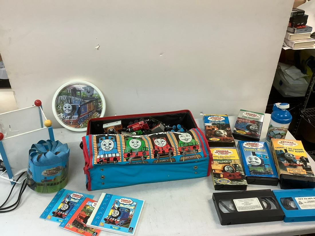 Lot of Thomas The Train Carrying Case w/ Trains, Clock, VHS Tapes